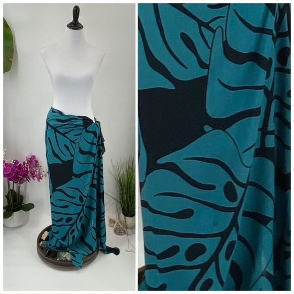 Vintage Aloha 1968 Other - Black/Teal Monstera SARONG Pareo Lavalava Beach Skirt Summer Scarf